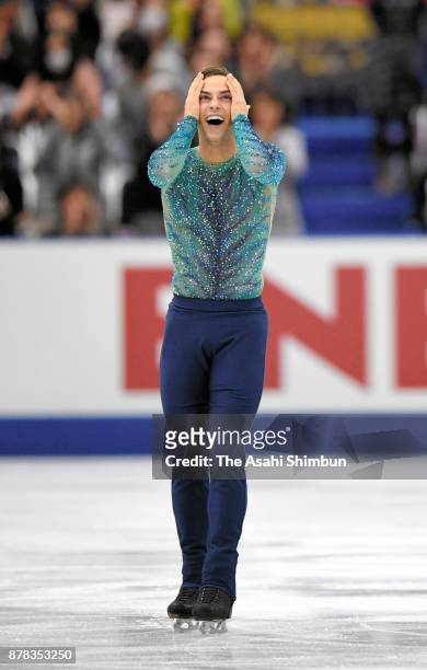 Adam Rippon of United States reacts after competing in the Men's Singles Free Skating during day two of the ISU Grand Prix of Figure Skating NHK...