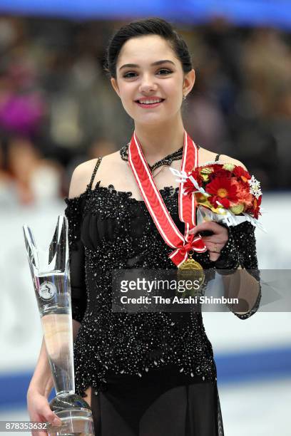 Gold medalist Evgenia Medvedeva of Russia poses for photographs on the podium at the medal ceremony for the Ladies Singles during day two of the ISU...