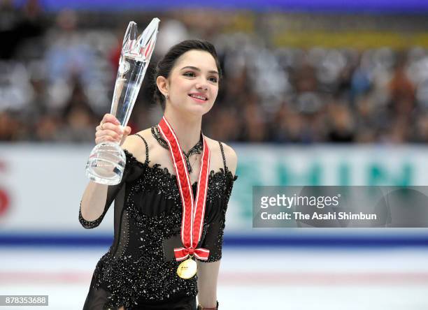 Gold medalist Evgenia Medvedeva of Russia applauds fans after the medal ceremony for the Ladies Singles during day two of the ISU Grand Prix of...