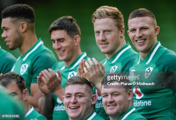 Dublin , Ireland - 24 November 2017; Players, back row, from left, Adam Byrne, Ian Keatley, James Tracy, and Andrew Conway and front row, Tadhg...