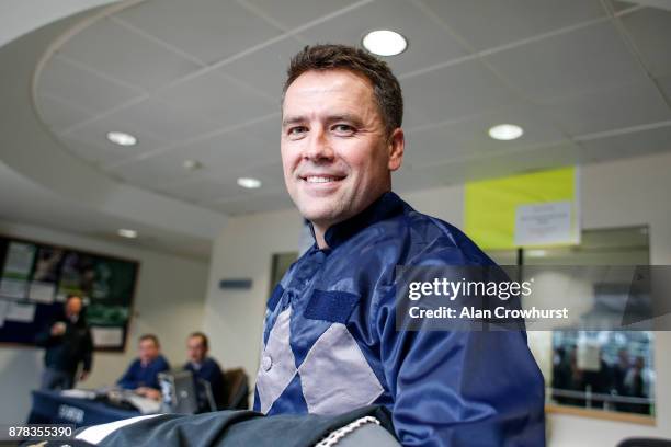 Ex England footballer Michael Owen prior to riding in a charity race at Ascot racecourse on November 24, 2017 in Ascot, United Kingdom.