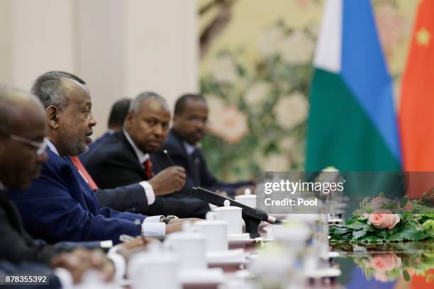 Djibouti's President Ismail Omar Guelleh speaks during a meeting with Chinese Premier Li Keqiang at the Great Hall of the People on November 24, 2017...