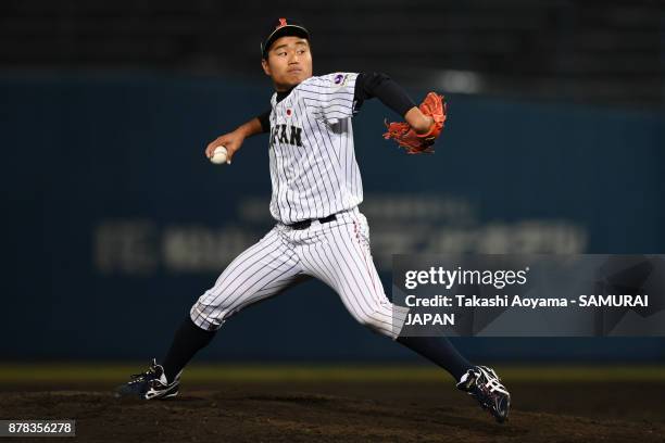 Naruya Wada of Japan pitches against Matsuyama City IX during the U-15 Asia Challenge Match between Japan and Matsuyama City IX at Bocchan Stadium on...