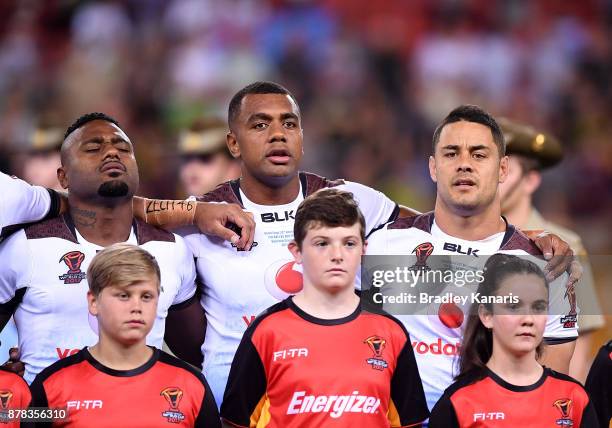 Fijian players embrace for their national anthem before the 2017 Rugby League World Cup Semi Final match between the Australian Kangaroos and Fiji at...