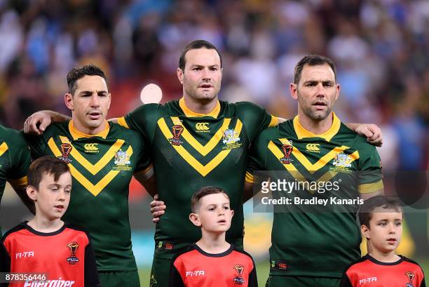 Australian players embrace for their national anthem before the 2017 Rugby League World Cup Semi Final match between the Australian Kangaroos and...