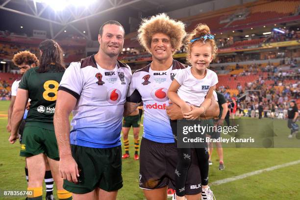 Boyd Cordner of Australia and Eloni Vunakece of Fiji pose for a photo after the 2017 Rugby League World Cup Semi Final match between the Australian...