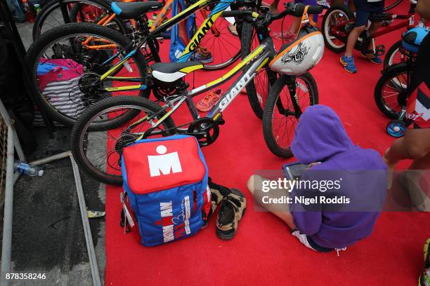 Competitors prepare for the Iron Kids race of IRONMAN 70.3 Middle East Championship Bahrain on November 24, 2017 in Bahrain, Bahrain.