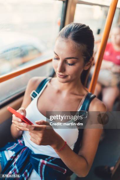 girl texting in the tram - hungary summer stock pictures, royalty-free photos & images