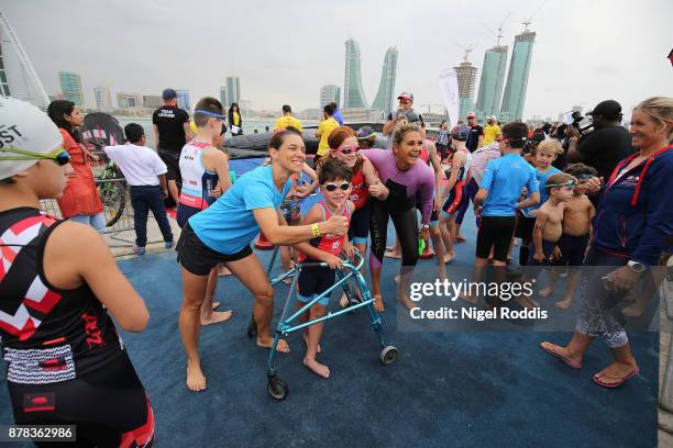 Competitors prepare for the Iron Kids race of IRONMAN 70.3 Middle East Championship Bahrain on November 24, 2017 in Bahrain, Bahrain.