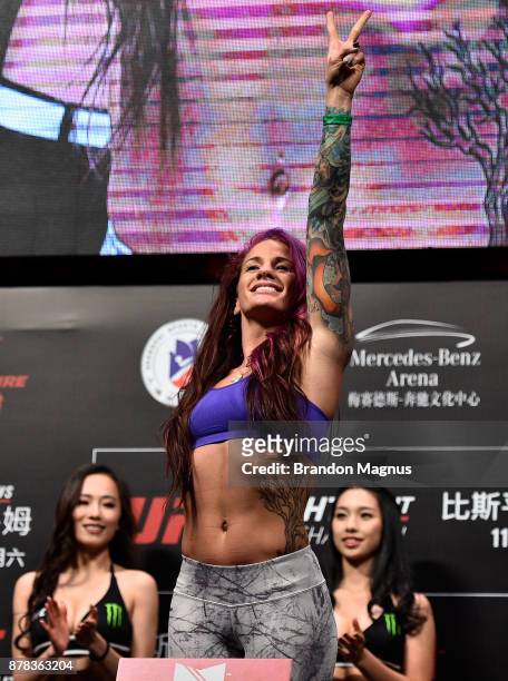 Gina Mazany poses on the scale during the UFC Fight Night weigh-in on November 24, 2017 in Shanghai, China.