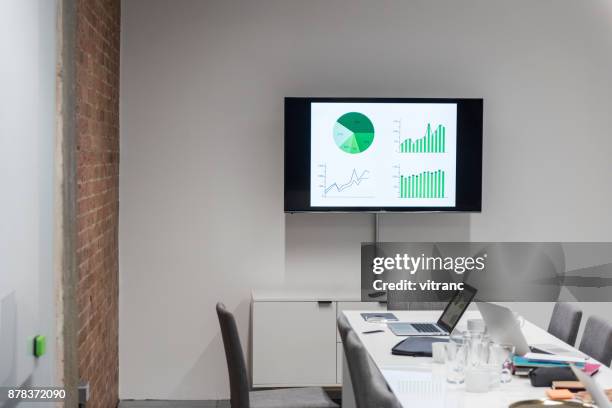 hedendaagse office tabel met apparatuur en stoelen - projection screen stockfoto's en -beelden