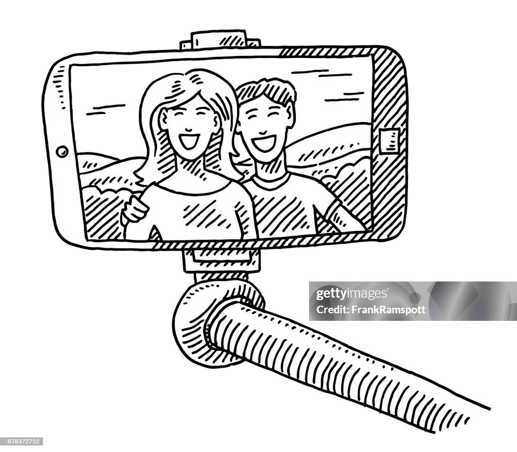 Pareja alegre Selfie palo dibujo