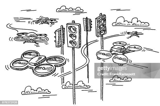 futuristic drone traffic drawing - road signal stock illustrations