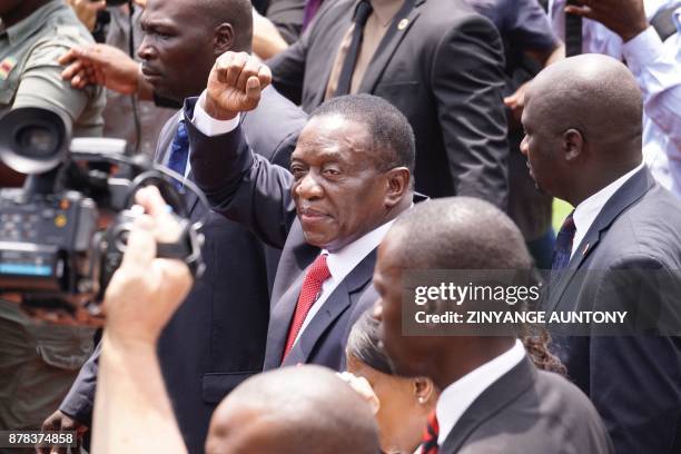 Newly sworn-in President Emmerson Mnangagwa gestures during the Inauguration ceremony at the National Sport Stadium in Harare, on November 24, 2017....