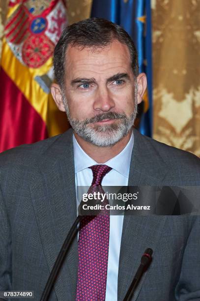 King Felipe VI of Spain attends a meeting at the National Library on November 24, 2017 in Madrid, Spain.