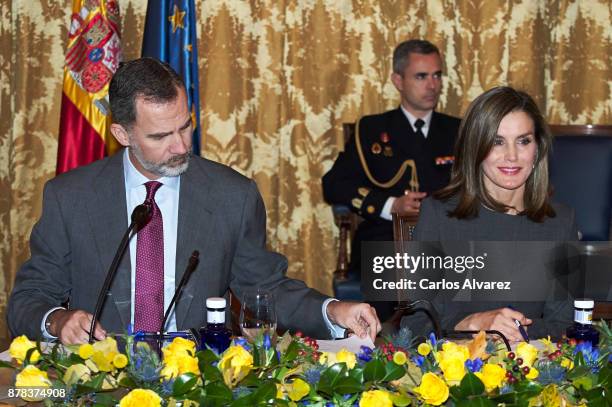 King Felipe VI of Spain and Queen Letizia of Spain attends a meeting at the National Library on November 24, 2017 in Madrid, Spain.