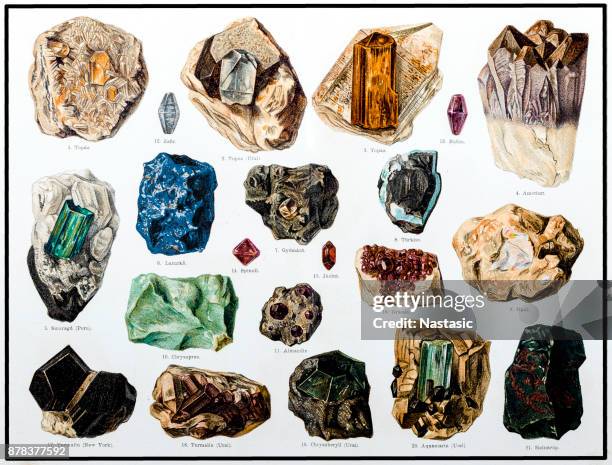 ilustraciones, imágenes clip art, dibujos animados e iconos de stock de minerales y sus formas cristalinas - geologia