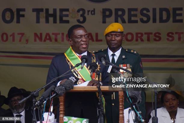 Newly sworn-in President Emmerson Mnangagwa speaks during the Inauguration ceremony at the National Sport Stadium in Harare, on November 24, 2017....