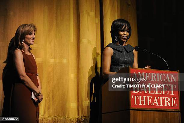 First Lady Michelle Obama is introduced by Caroline Kennedy as she speaks to the crowd at the American Ballet Theatre Opening Night Spring Gala May...