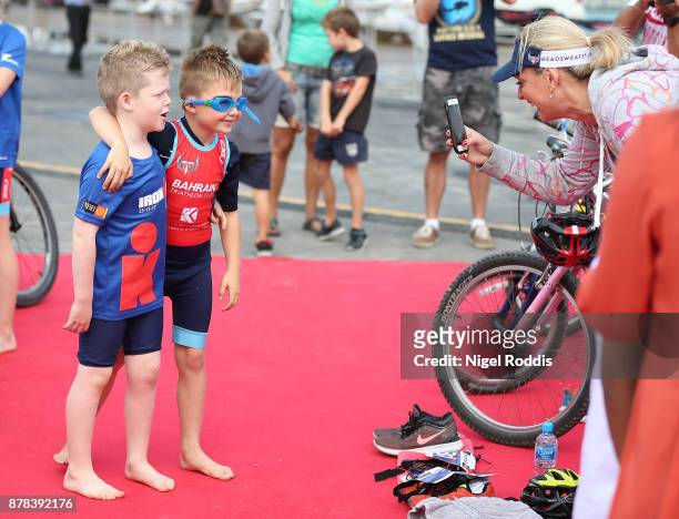 Competitors prepare for the Iron Kids race of IRONMAN 70.3 Middle East Championship Bahrain on November 24, 2017 in Bahrain, Bahrain.