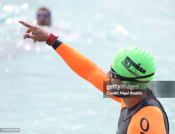 Athletes exit the water after practice for IRONMAN 70.3 Middle East Championship Bahrain on November 24, 2017 in Bahrain, Bahrain.