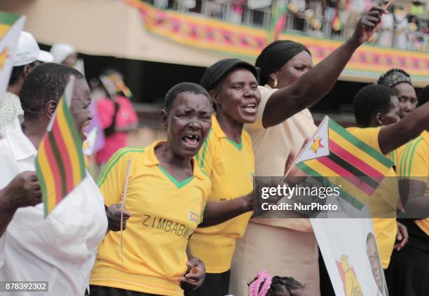 The crowd cheers and dances at the presidential inauguration ceremony of Emmerson Mnangagwa in Harare, Zimbabwe, Friday, November 24, 2017. Mnangagwa...