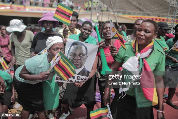 The crowd cheers and dances at the presidential inauguration ceremony of Emmerson Mnangagwa in Harare, Zimbabwe, Friday, November 24, 2017. Mnangagwa...