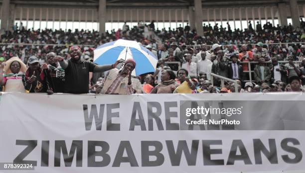 The crowd cheers and dances at the presidential inauguration ceremony of Emmerson Mnangagwa in Harare, Zimbabwe, Friday, November 24, 2017. Mnangagwa...