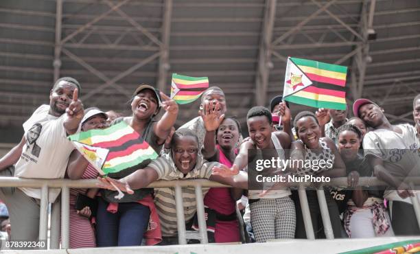 The crowd cheers and dances at the presidential inauguration ceremony of Emmerson Mnangagwa in Harare, Zimbabwe, Friday, November 24, 2017. Mnangagwa...