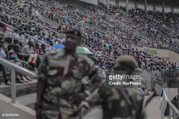 The crowd cheers and dances at the presidential inauguration ceremony of Emmerson Mnangagwa in Harare, Zimbabwe, Friday, November 24, 2017. Mnangagwa...