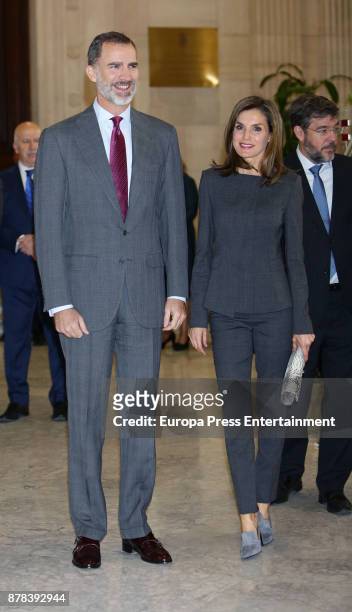 King Felipe VI of Spain, Queen Letizia of Spain and Alberto Nadal meet the board of the National Library on November 24, 2017 in Madrid, Spain.