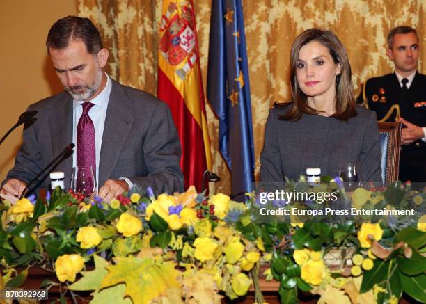 King Felipe VI of Spain and Queen Letizia of Spain meet the board of the National Library on November 24, 2017 in Madrid, Spain.