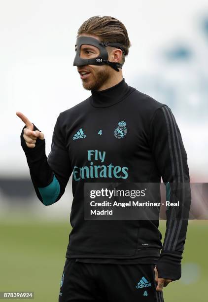 Sergio Ramos of Real Madrid gestures during a training session at Valdebebas training ground on November 24, 2017 in Madrid, Spain.