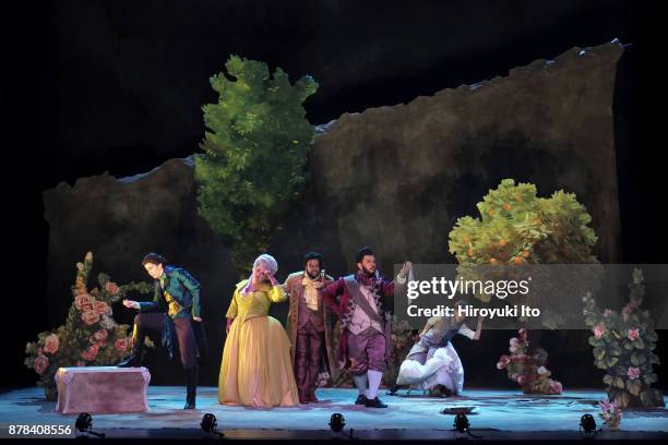 From left, Marie Engle, Kathryn Henry, Joshua Blue, Charles Sy and Tamara Banjesevic in Mozart's "La finta giardiniera" by the Juilliard School at...