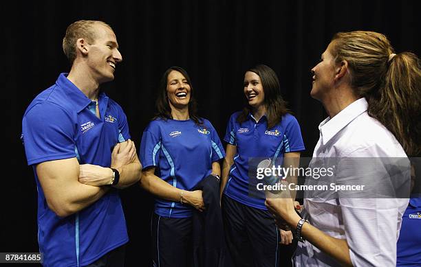 Athlete Clint Hill, skiier Jenny Owens, and kayaker Jacqueline Lawrence relax backstage during the NSW Institute of Sport uniform fashion parade on...
