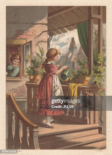 girl watering flowers - nostalgic scene, lithograph, published in 1883 - family on porch stock illustrations