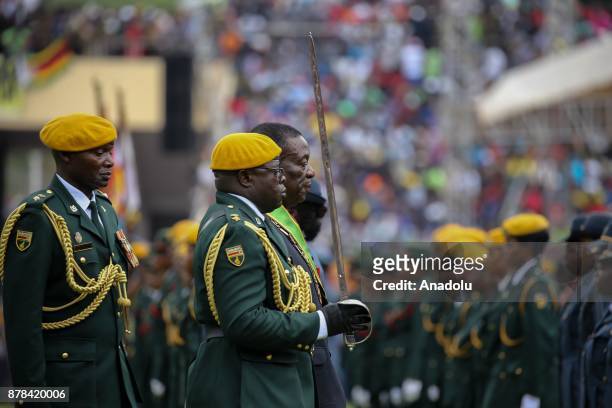 New Zimbabwe President Emerson Mnangagwa is seen after he swore in during an oath-taking ceremony at the National Sports Stadium in Harare, Zimbabwe...