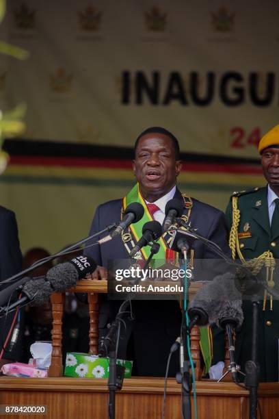 New Zimbabwe President Emerson Mnangagwa speaks during an oath-taking ceremony at the National Sports Stadium in Harare, Zimbabwe on November 24,...