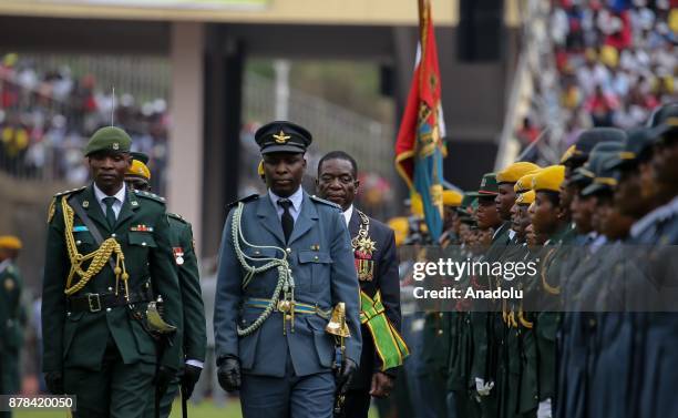 New Zimbabwe President Emerson Mnangagwa is seen after he swore in during an oath-taking ceremony at the National Sports Stadium in Harare, Zimbabwe...