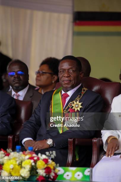 New Zimbabwe President Emerson Mnangagwa is seen after he swore in during an oath-taking ceremony at the National Sports Stadium in Harare, Zimbabwe...