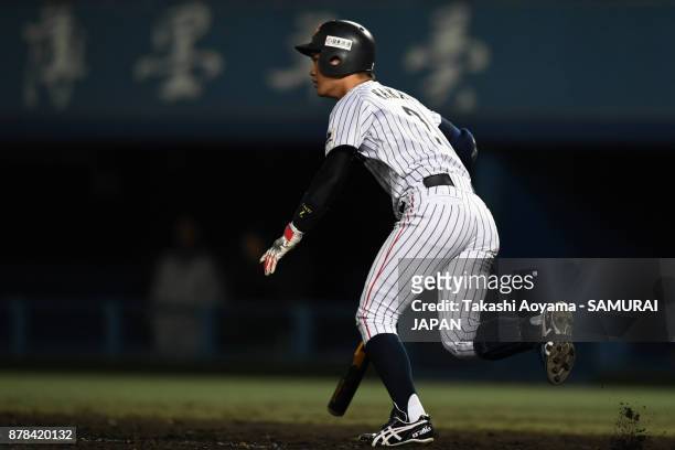 Taiga Nakai of Japan hits a single in the fourth inning against Matsuyama City IX during the U-15 Asia Challenge Match between Japan and Matsuyama...