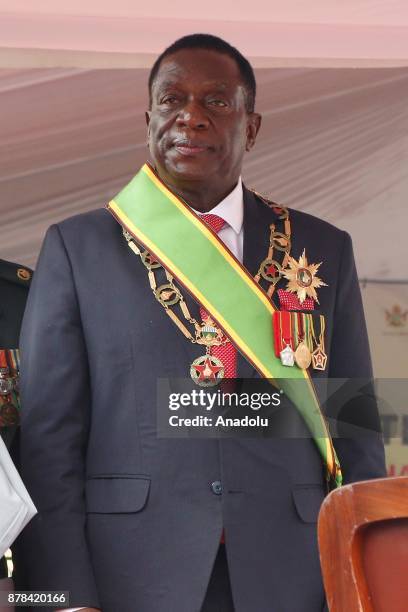 New Zimbabwe President Emerson Mnangagwa swears in during an oath-taking ceremony at the National Sports Stadium in Harare, Zimbabwe on November 24,...