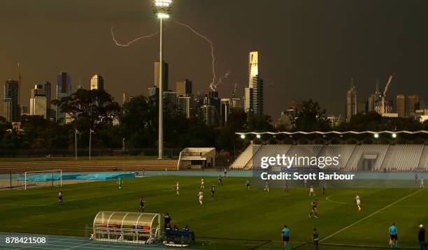 General view as lightning strikes near buildings in the city of Melbourne during the round eight W-League match between the Melbourne Victory and...