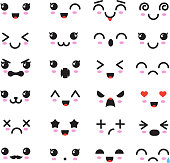 Dibujos Animados Kawaii Ojos Y Bocas Caracteres De Lindos Emoticonos Emoji  En Estilo Japonés Ilustración de stock - Getty Images