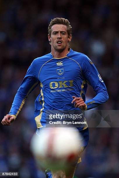 Peter Crouch of Portsmouth in action during the Barclays Premier League match between Portsmouth and Sunderland at Fratton Park on May 18, 2009 in...