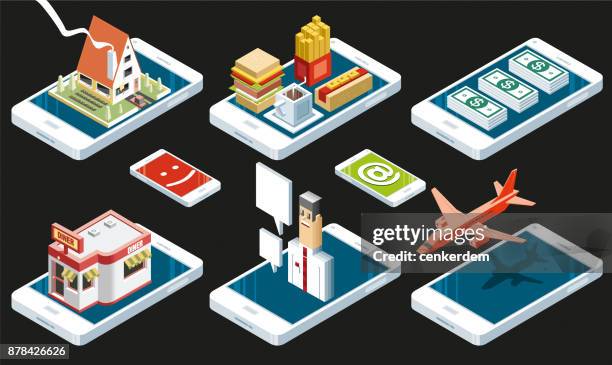 isometric mobile phone shopping (vector) - interactive-tool-icons stock illustrations