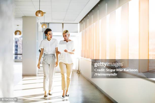 female coworkers walking while discussing document - sunny office stock pictures, royalty-free photos & images