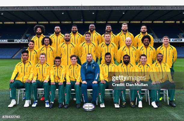 The Australian team pose for a group photo during the Australia Captain's Run at Murrayfield Stadium on November 24, 2017 in Edinburgh, Scotland.