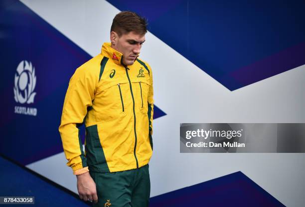 Sean McMahon of Australia makes his way out onto the pitch during the Australia Captain's Run at Murrayfield Stadium on November 24, 2017 in...