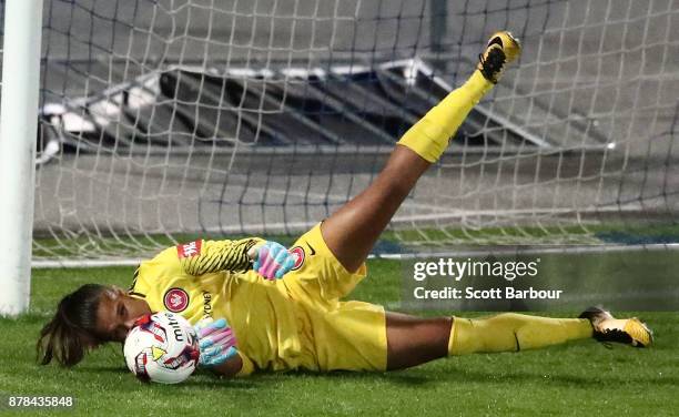 Goalkeeper Jada Mathyssen-Whyman of the Wanderers controls the ball during the round eight W-League match between the Melbourne Victory and Western...